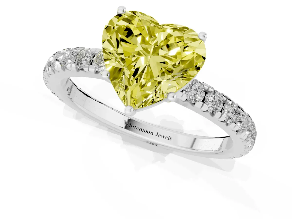 Fancy Yellow Heart Cut Diamond Pavé Solitaire Engagement Ring with Four-Prong Setting Silver