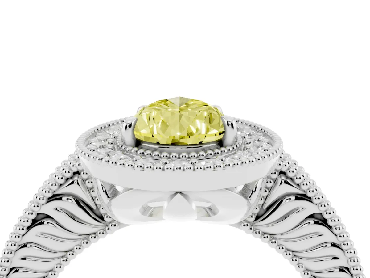 Fancy Yellow Pear Cut Cut Halo Diamond Ring with Pavé Band and Four-Prong Setting White gold