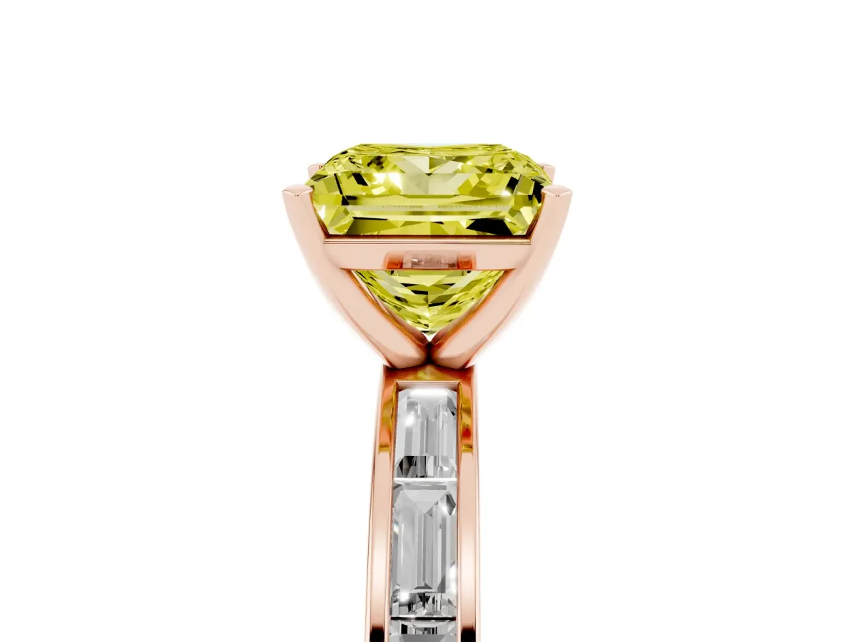 Fancy Yellow Princess Cut Solitaire Diamond Ring with Channel-Set Baguette Band and Four-Prong Setting Rose gold