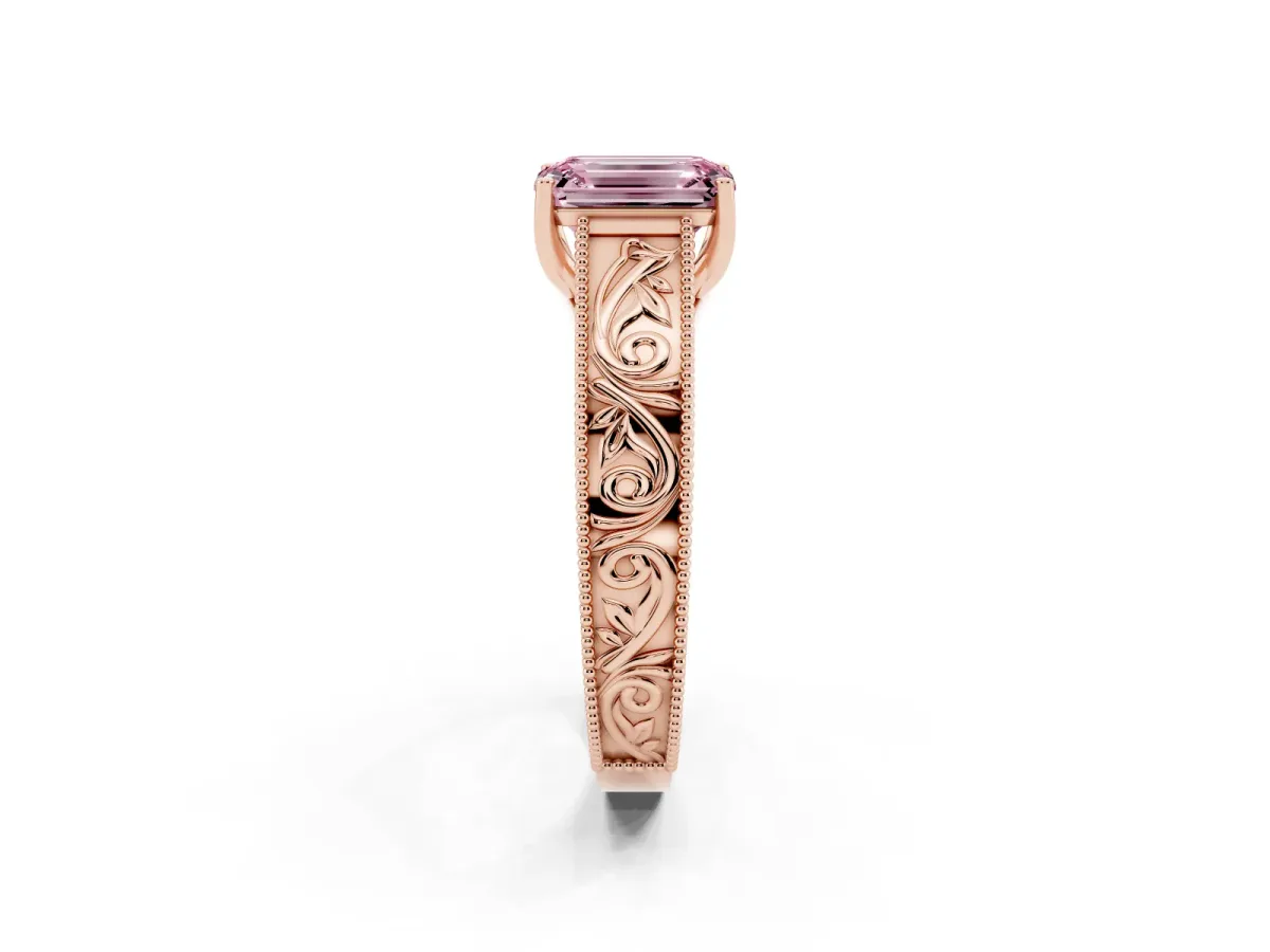 Fancy Pink Emerald Cut Diamond Solitaire Ring with Engraved Band and Four-Prong Setting Rose gold