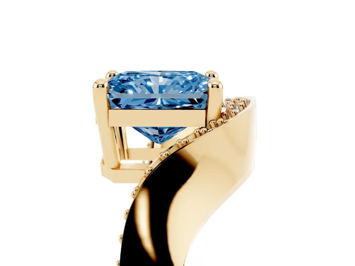 Fancy Blue Radiant Cut Solitaire Diamond Engagement Ring with Pave Band and Four-Prong Setting Yellow gold