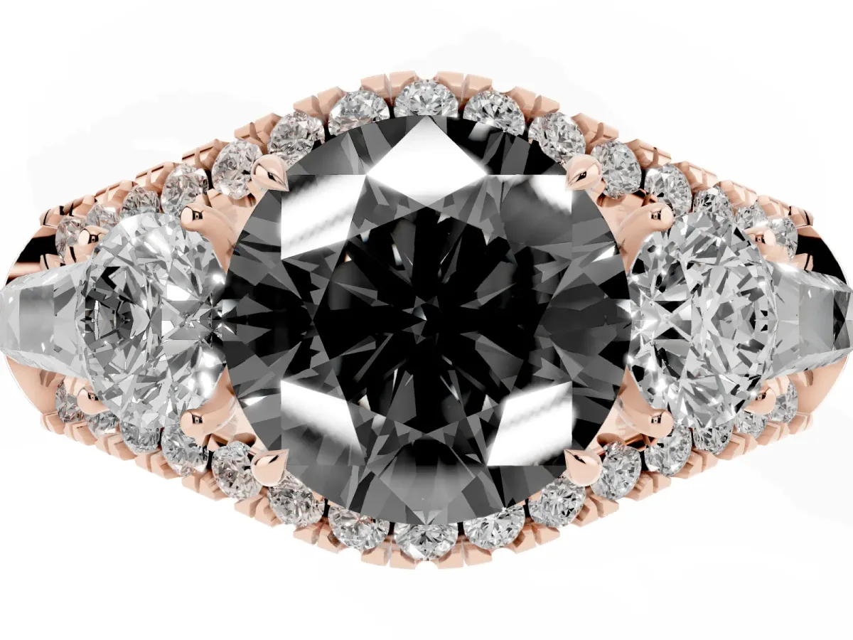 Fancy Black Three-Stone Round Cut Diamond Engagement Ring with Pave Band and Prong Setting Rose gold