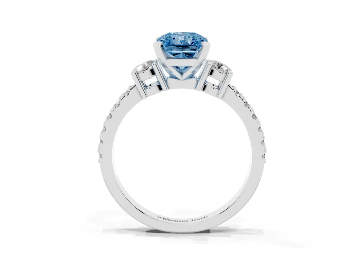 Fancy Blue Radiant Cut Three-Stone Diamond Pavé Band with Prong Setting Silver