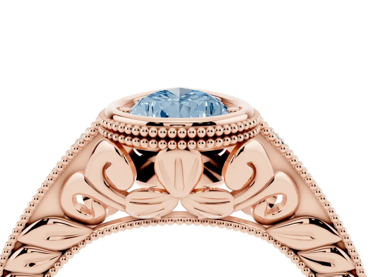 Fancy Blue Bezel Set Pear Cut Diamond Milgrain Pave Engagement Ring Rose gold