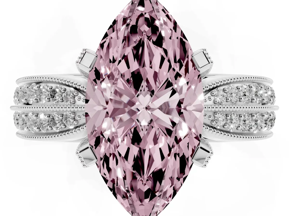 Fancy Pink Marquise Cut Diamond Solitaire Ring with Milgrain Round Pavé Band and Prong Setting Platinum