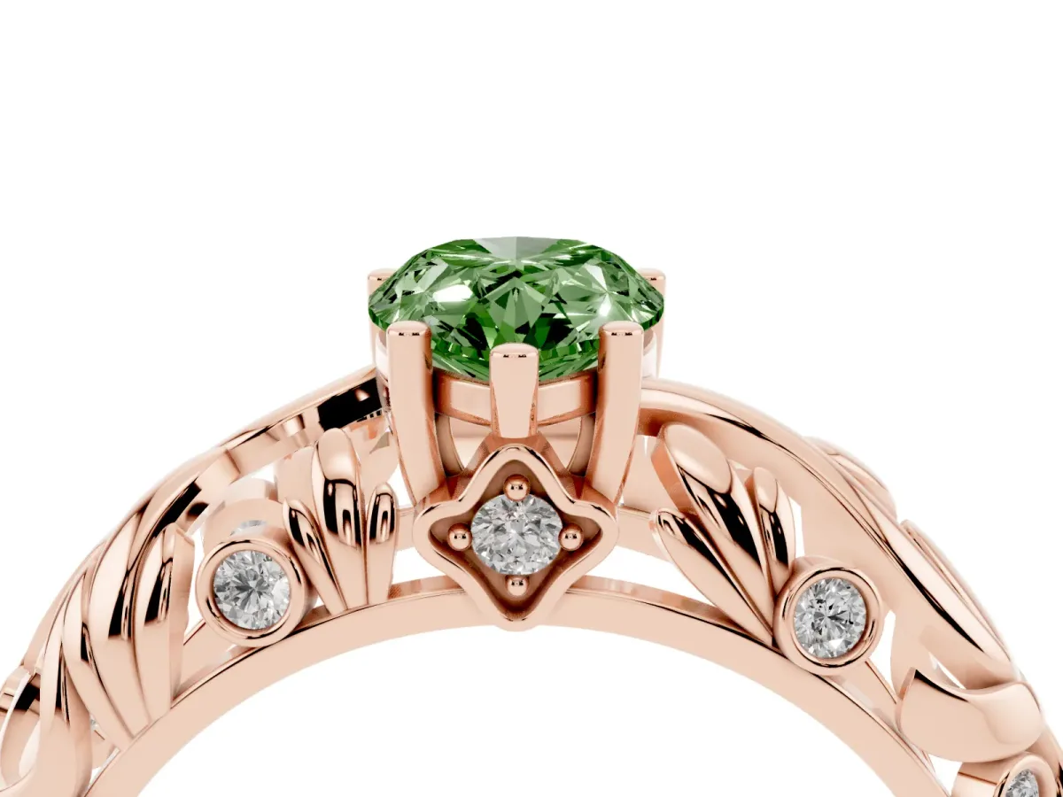 Fancy Green Pear Cut Solitaire Diamond Leaf-Inspired Vine Band Ring with Prong Setting Rose gold
