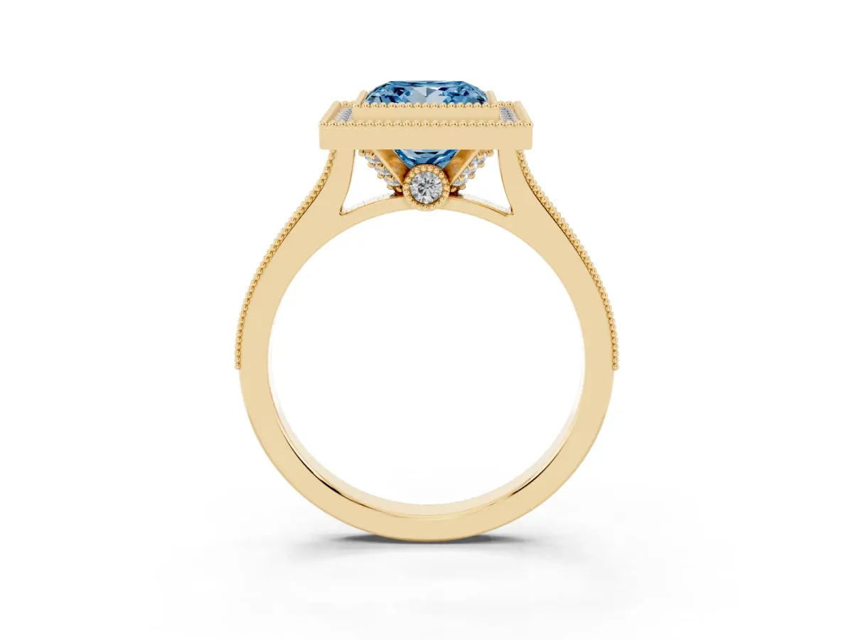 Fancy Blue Halo Princess Cut-Cut Diamond Pave Band Milgrain Prong Setting Ring Yellow gold