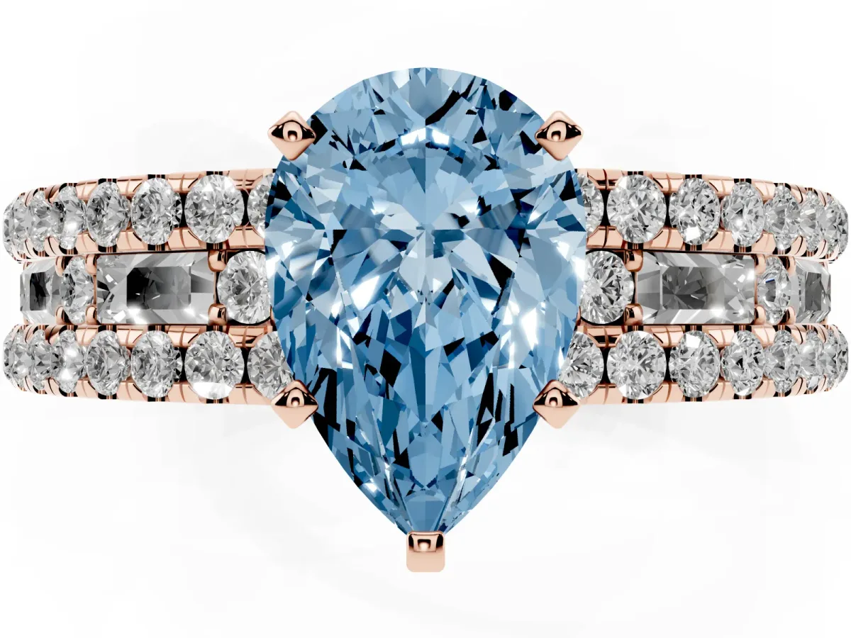 Fancy Blue Pear Cut Diamond Solitaire Ring with Pavé and Channel Set Band Rose gold