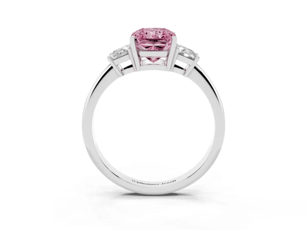 Fancy Pink Radiant Cut Diamond Three-Stone Ring with Trapezoid Side Stones and Prong Setting Silver