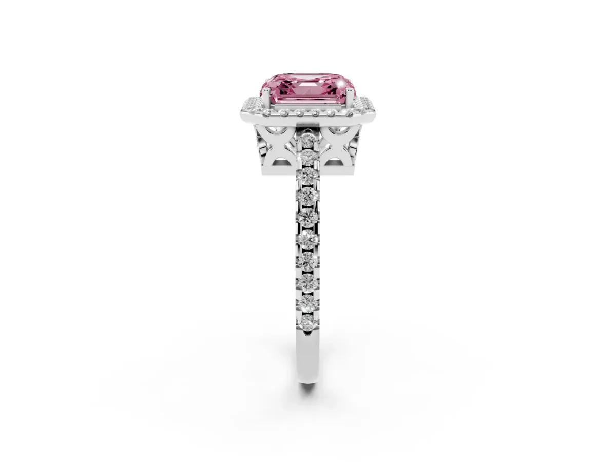 Fancy Pink Asscher Cut Diamond Halo Engagement Ring with Pavé Band and Prong Setting White gold