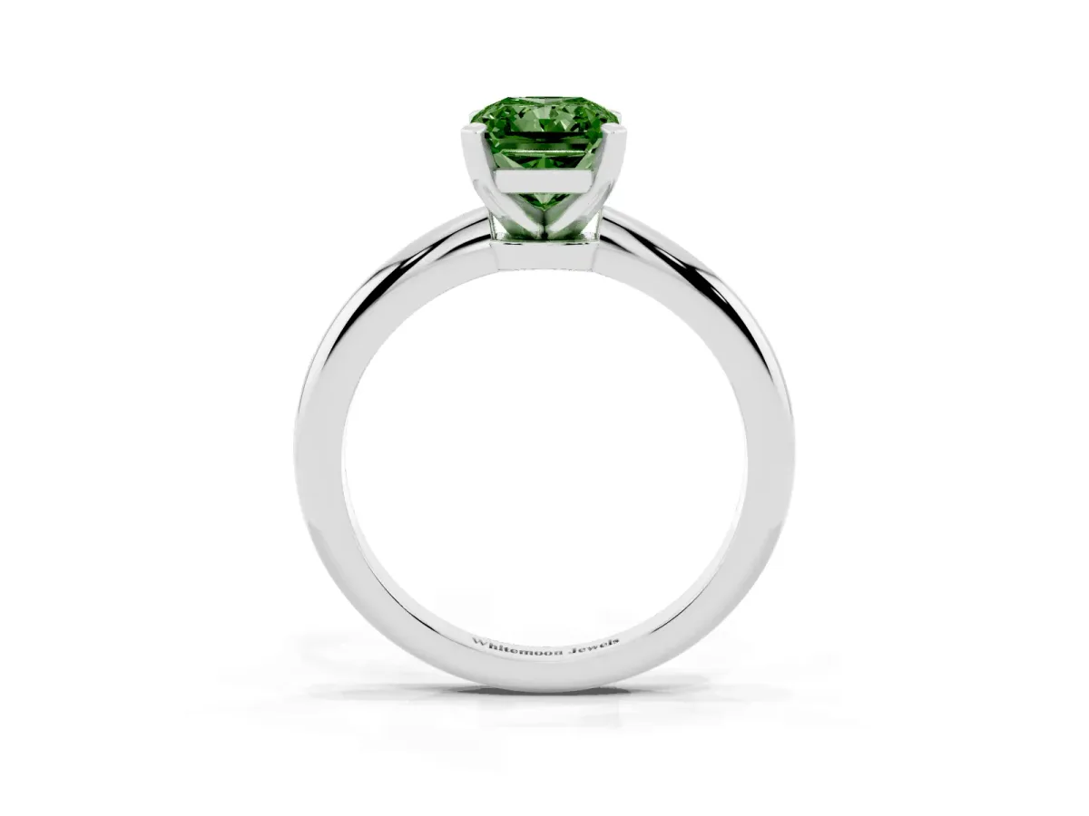 Fancy Green Radiant Cut Diamond Solitaire Ring with Prong Setting and Classic Band Silver