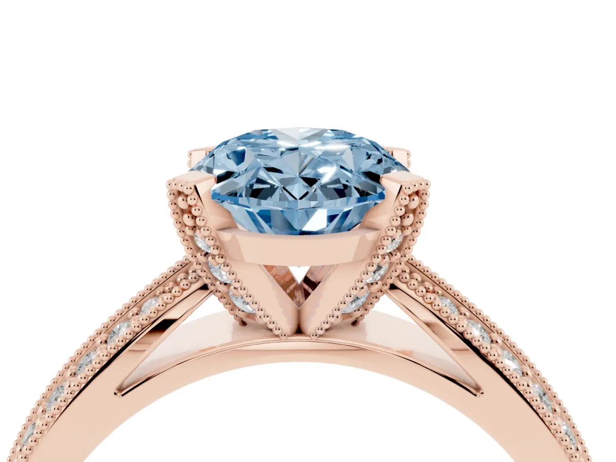 Fancy Blue Oval Cut Diamond Solitaire Ring with Milgrain Round Pavé Band and Prong Setting Rose gold