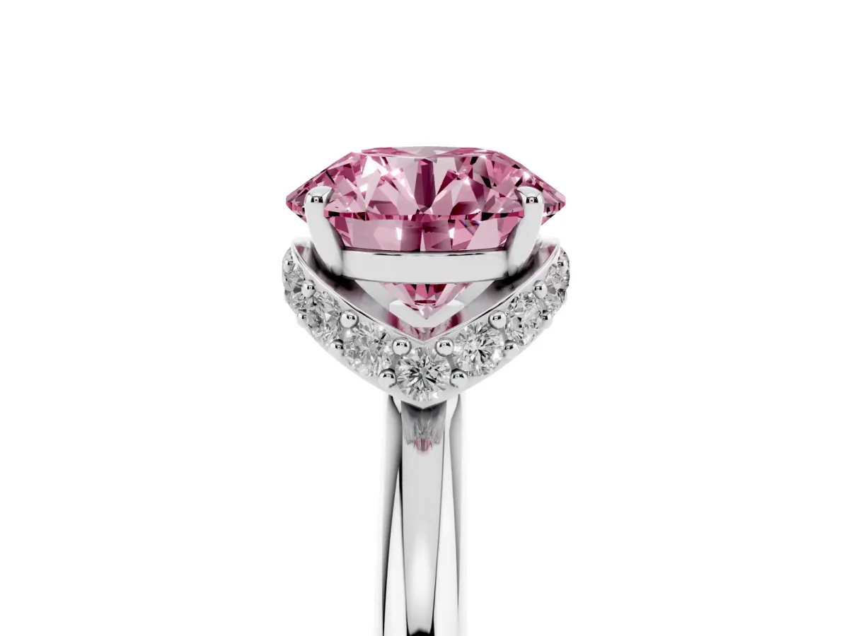Fancy Pink Round Cut Brilliant Solitaire Engagement Ring with Six-Prong Setting and Classic Band White gold