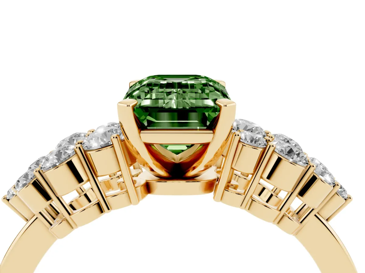 Fancy Green Emerald Cut Cluster Diamond Engagement Ring with Pavé Band and Four-Prong Setting Yellow gold
