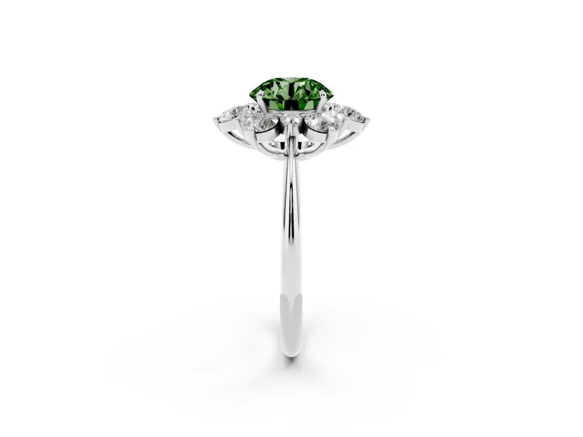 Fancy Green Round Cut Diamond Cluster Halo Ring with Solitaire Band and Four-Prong Setting Platinum