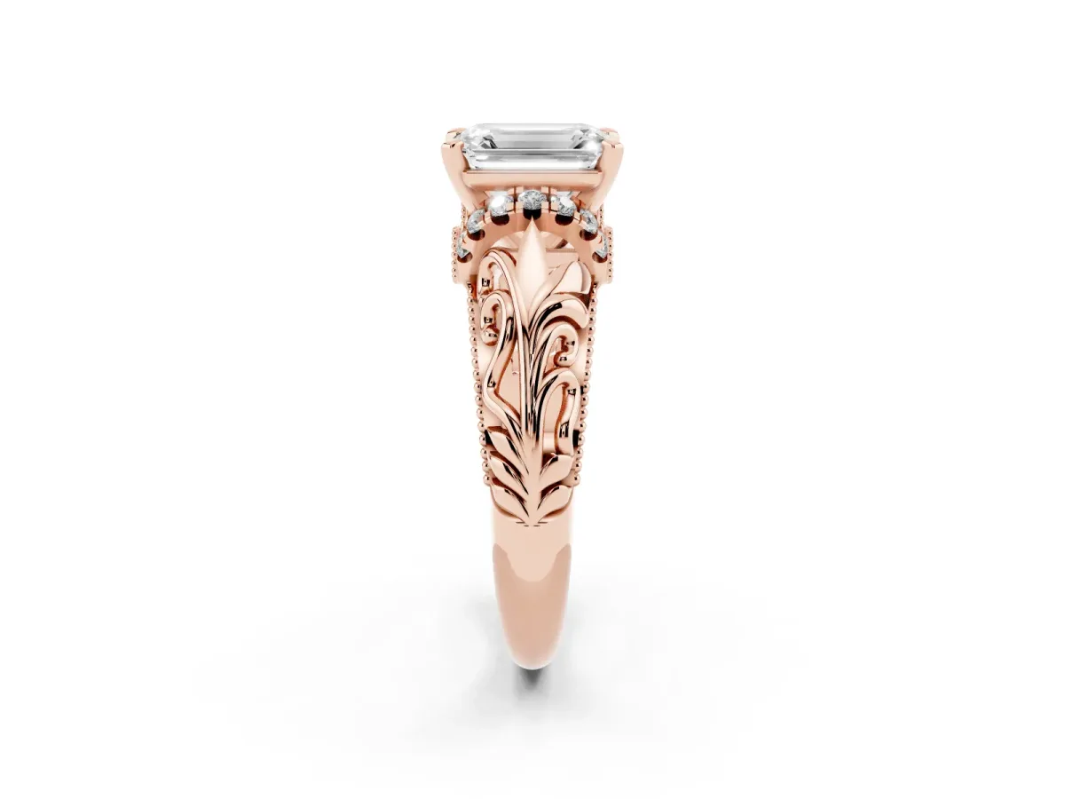 Emerald Cut Solitaire Filigree Engagement Ring with Halo and Prong Setting Rose gold