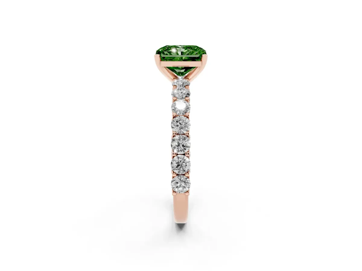 Fancy Green Radiant Cut Diamond Solitaire Ring with Shared Prong Pavé Band and Four-Prong Setting Rose gold