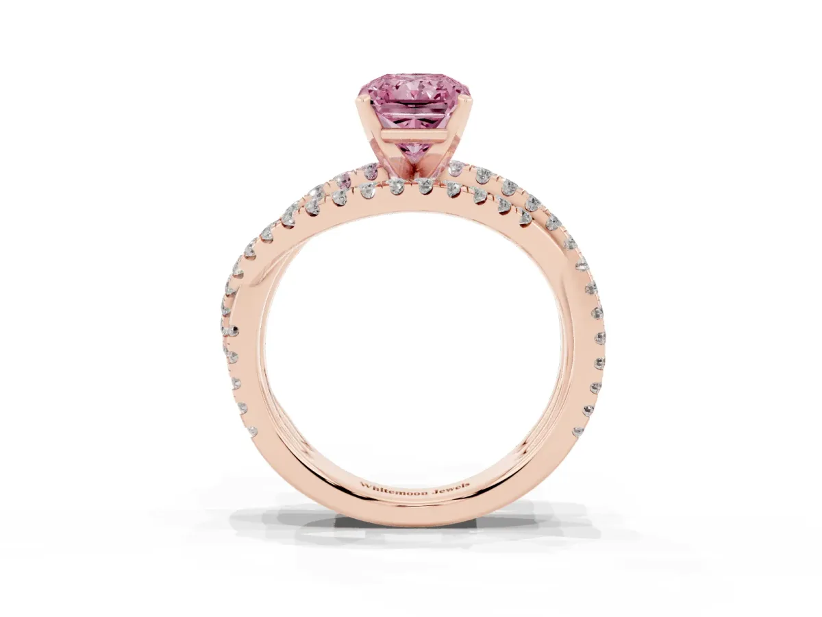 Fancy Pink Radiant Cut Solitaire Twist Band with Pavé Setting and Four-Prong Setting Rose gold