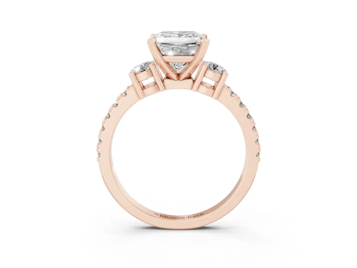 Princess Cut Three-Stone Diamond Pavé Band with Prong Setting Rose gold