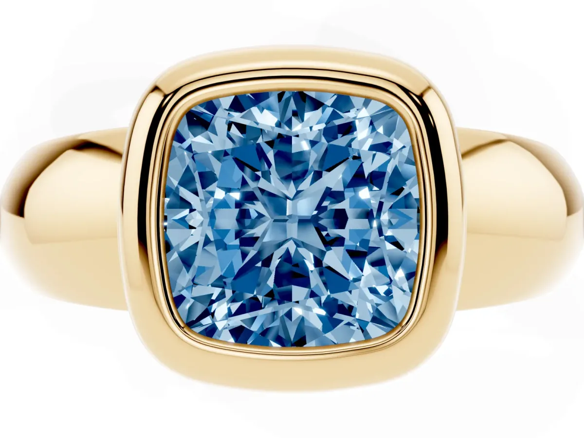 Fancy Blue Bezel Set Cushion Cut Solitaire Ring with Wide Band Yellow gold