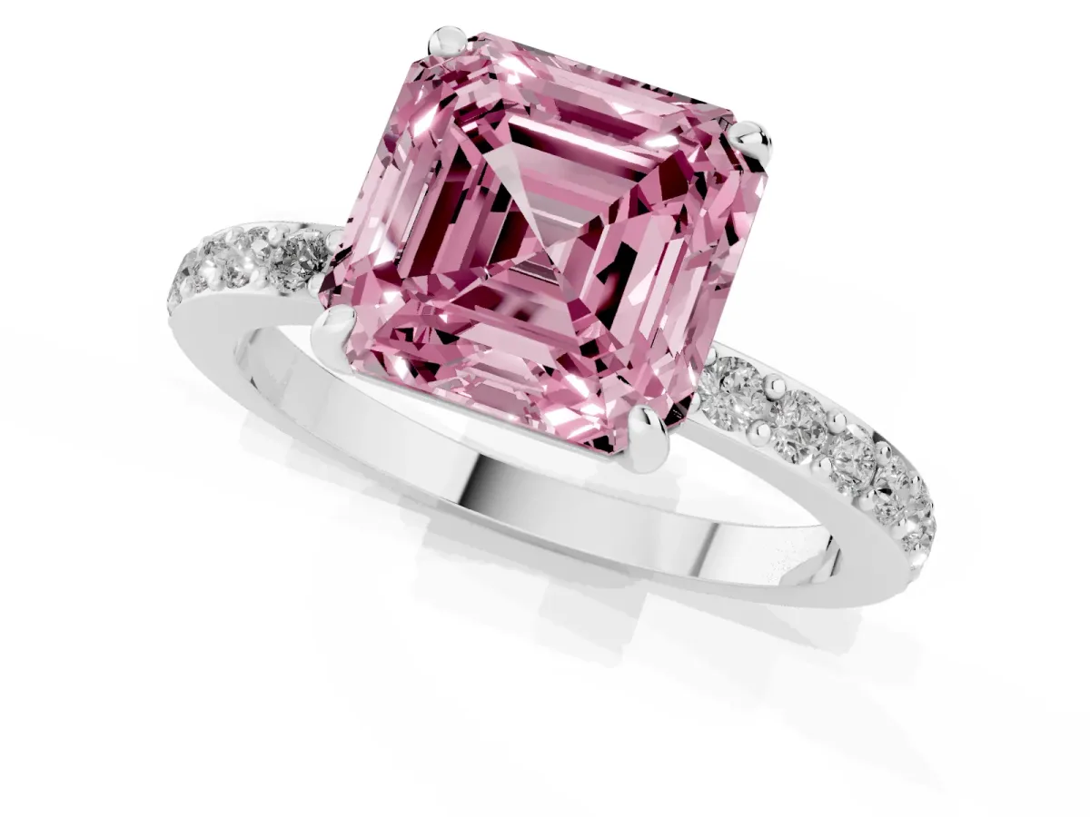 Fancy Pink Asscher Cut Diamond Solitaire Engagement Ring with Pavé Band and Four-Prong Setting Silver