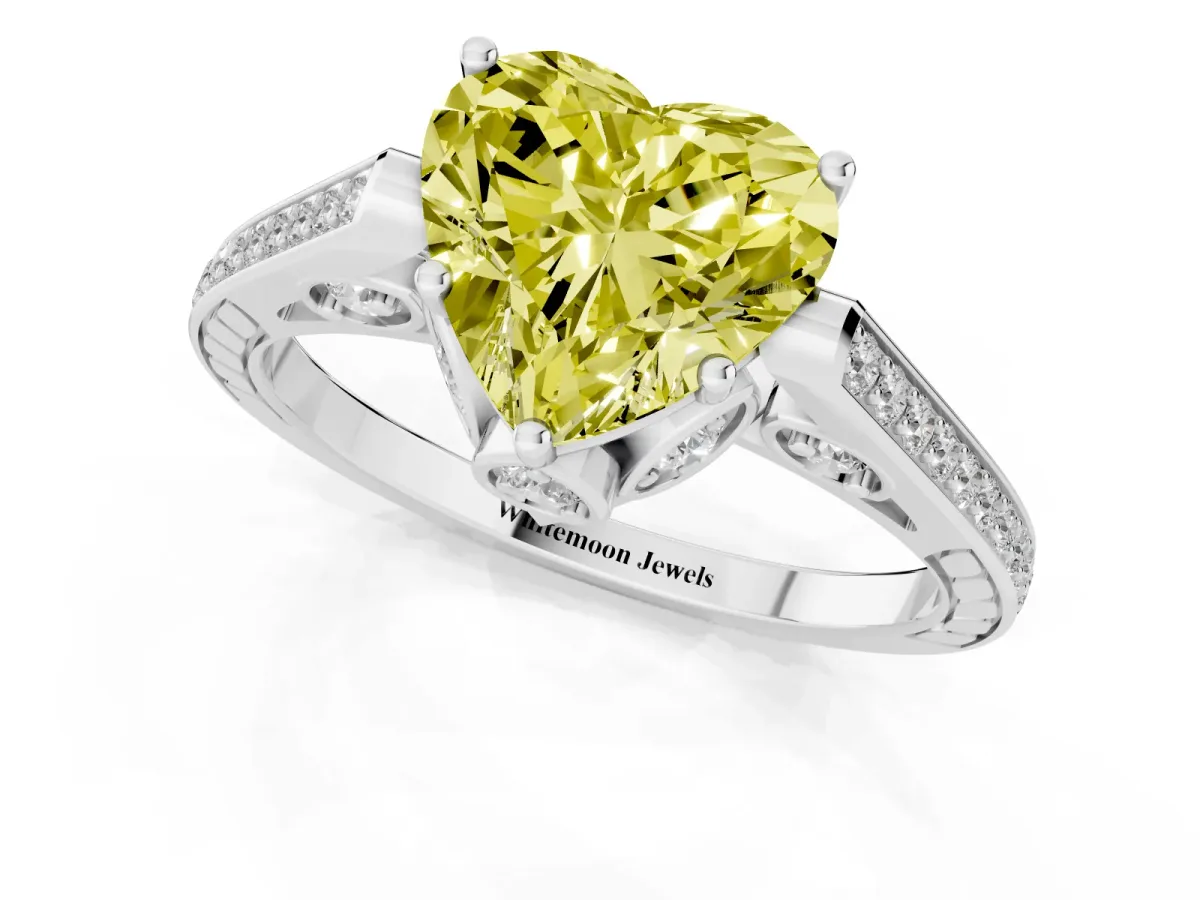 Fancy Yellow Heart Cut Cut Cathedral Pave Diamond Engagement Ring with Six-Prong Setting Silver