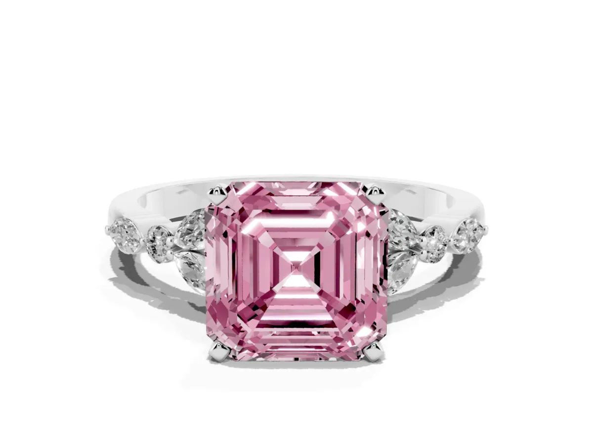 Fancy Pink Asscher Cut Diamond Solitaire Ring with Side Stones and Four-Prong Setting Silver