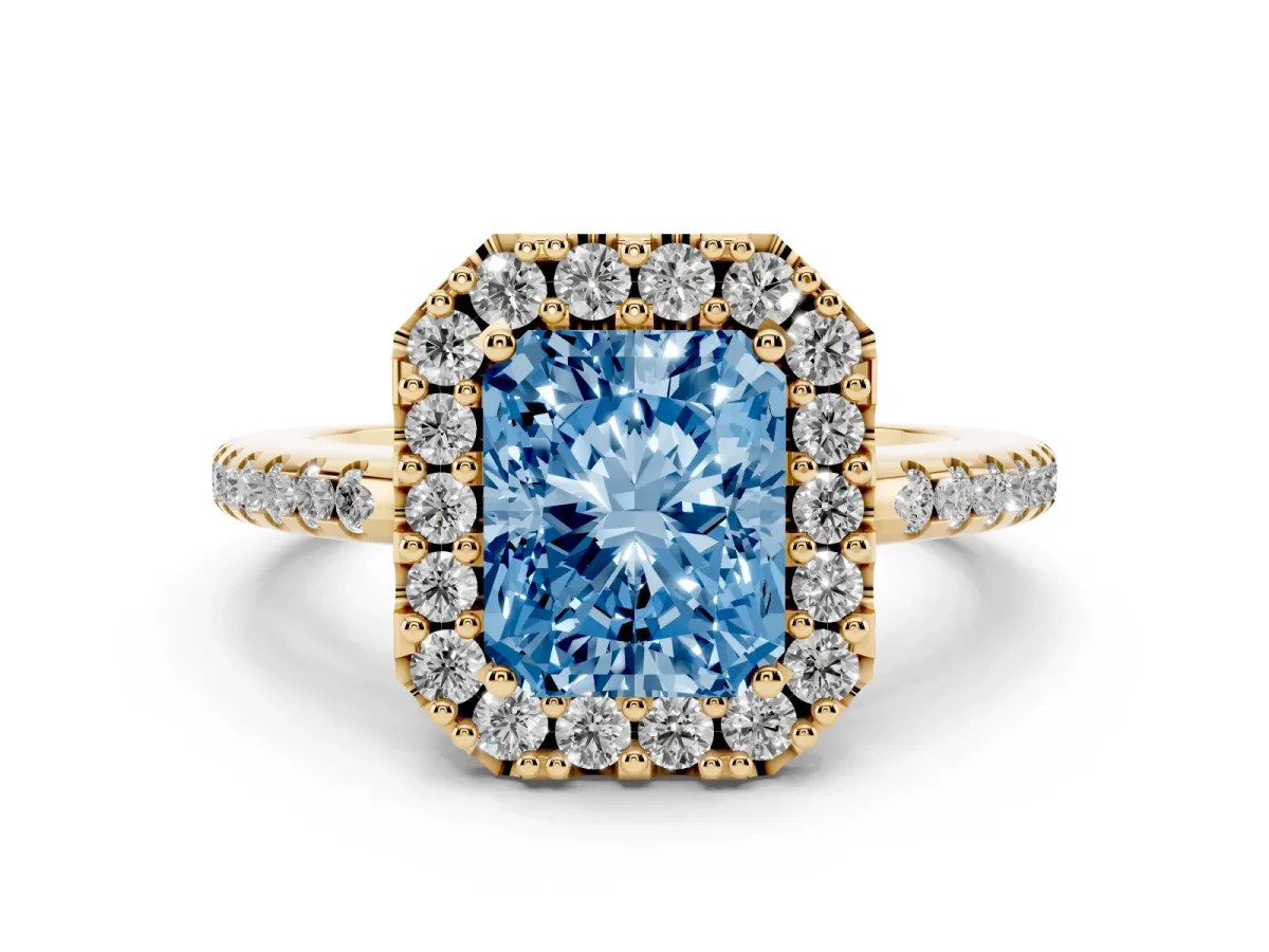 Fancy Blue Radiant Cut Diamond Pavé Halo Ring with Four-Prong Setting Yellow gold