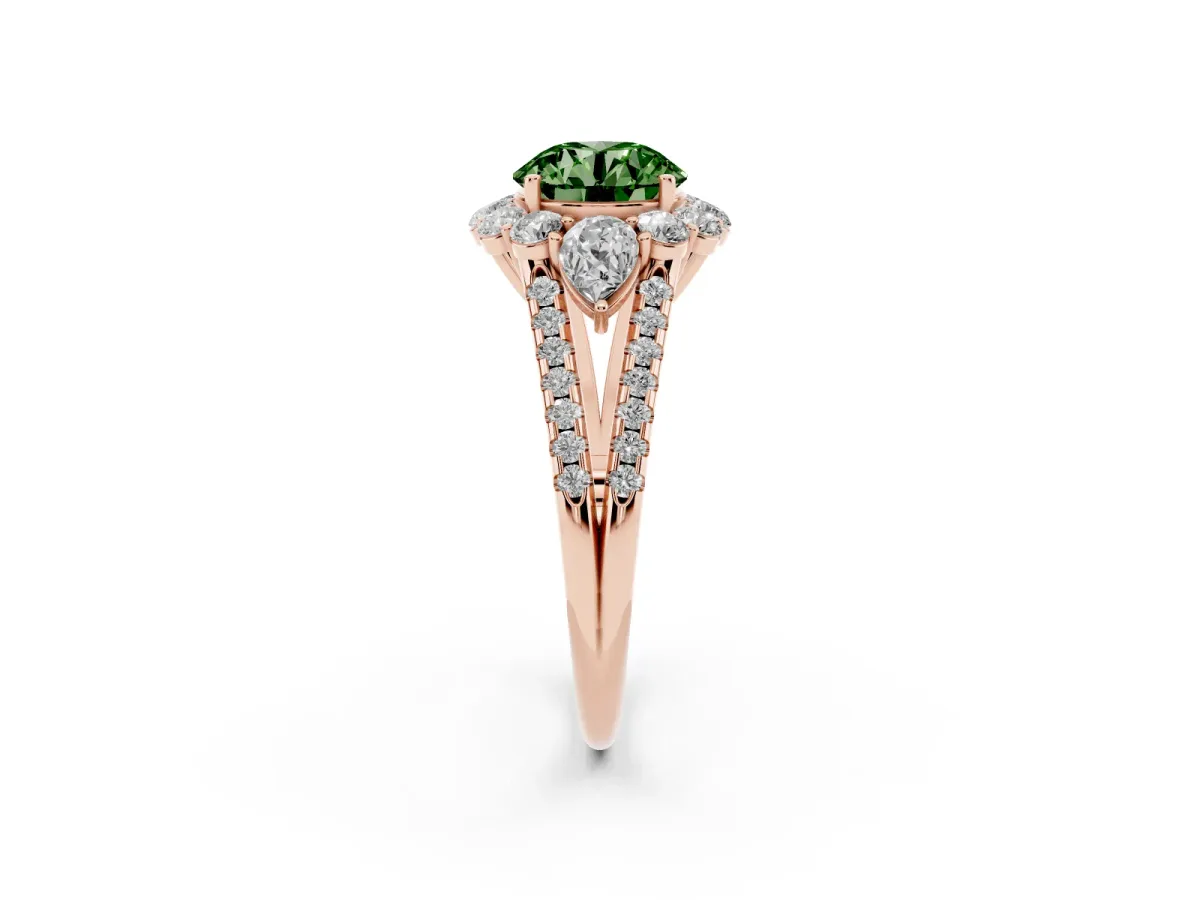 Fancy Green Round Cut Halo Split Shank Diamond Engagement Ring with Prong Setting Rose gold