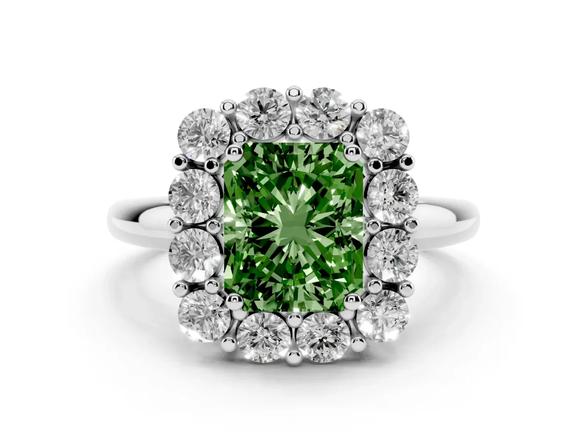 Fancy Green Radiant Cut Halo Cluster Diamond Engagement Ring with Prong Setting and Polished Band Platinum