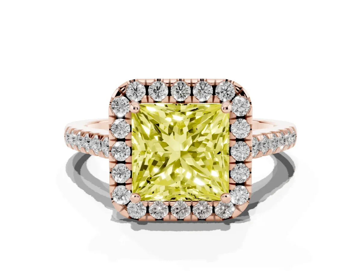 Fancy Yellow Princess Cut Halo Pavé Diamond Engagement Ring with Four-Prong Setting Rose gold