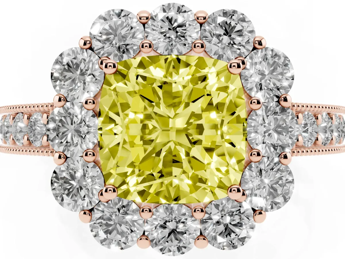 Fancy Yellow Cushion Cut Cut Halo Diamond Pavé Engagement Ring with Milgrain Detailing Rose gold
