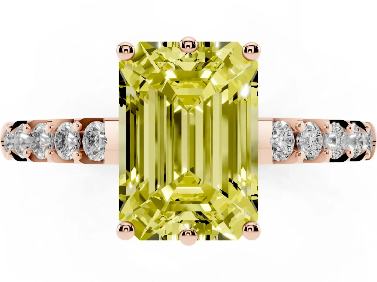 Fancy Yellow Emerald Cut Solitaire Diamond Engagement Ring with Pavé Band and Six-Prong Setting Rose gold