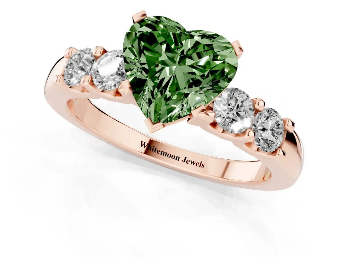 Fancy Green Heart Cut Brilliant Cut Diamond Five-Stone Prong Set Engagement Ring with Channel Band Rose gold