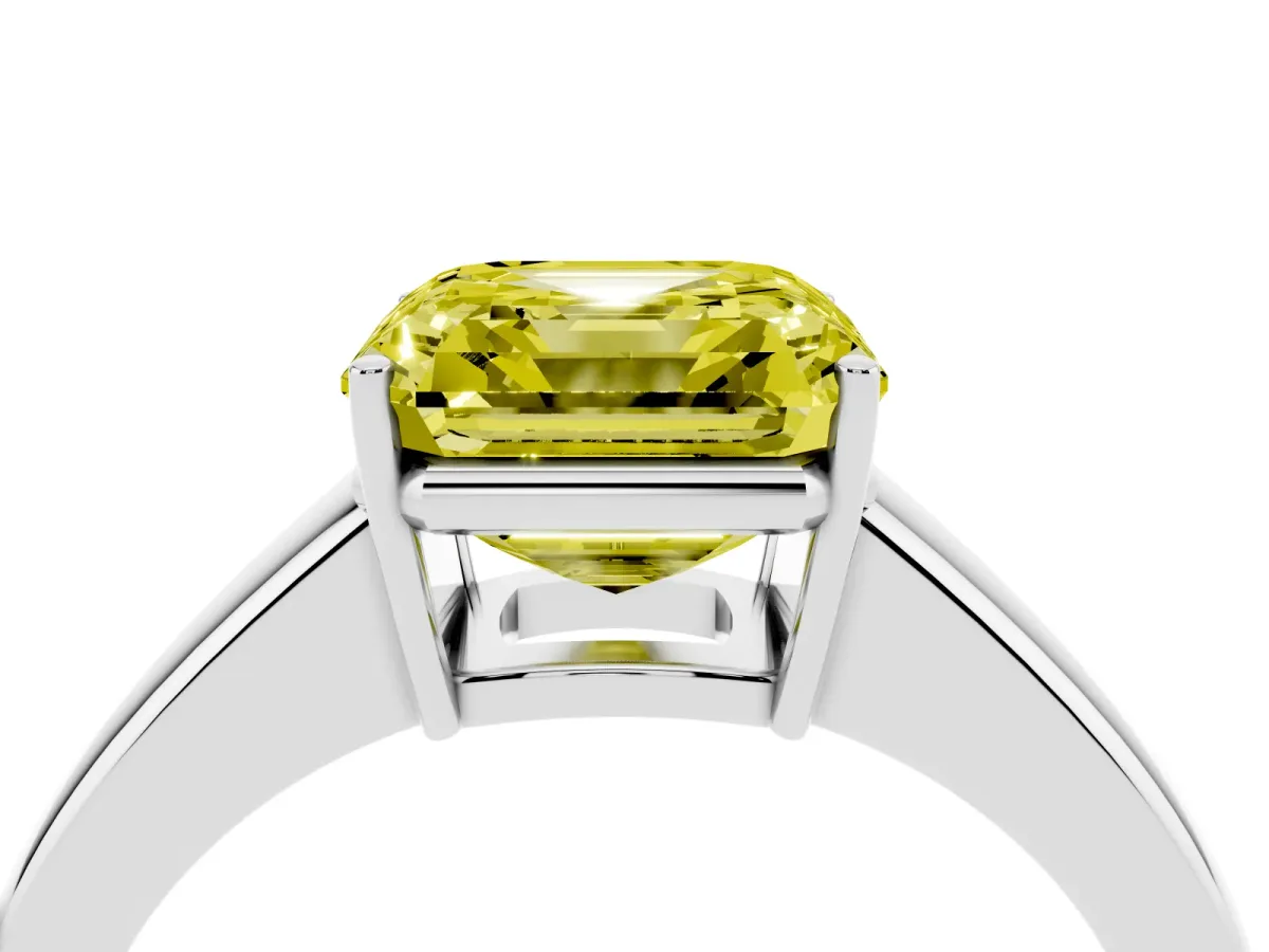Fancy Yellow Asscher Cut Solitaire Diamond Ring with Tapered Band and Four-Prong Setting Silver