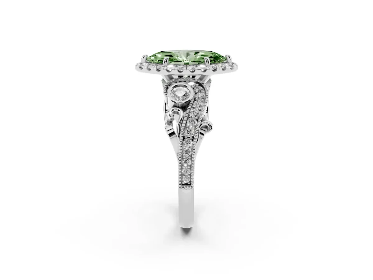 Fancy Green Marquise Cut Halo Diamond Ring with Milgrain and Bezel Accents on a Split Shank Band White gold