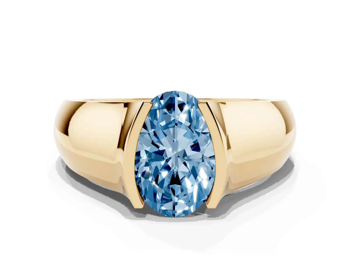 Fancy Blue Oval Cut Solitaire Bezel Set Diamond Ring with Wide Band Yellow gold