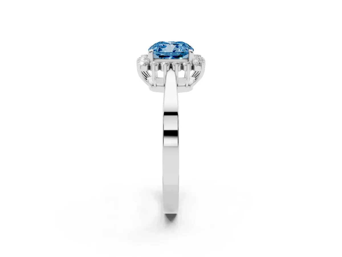 Fancy Blue Cushion Cut Cut Diamond Halo Ring with Round Brilliant Halo and Solitaire Band Silver