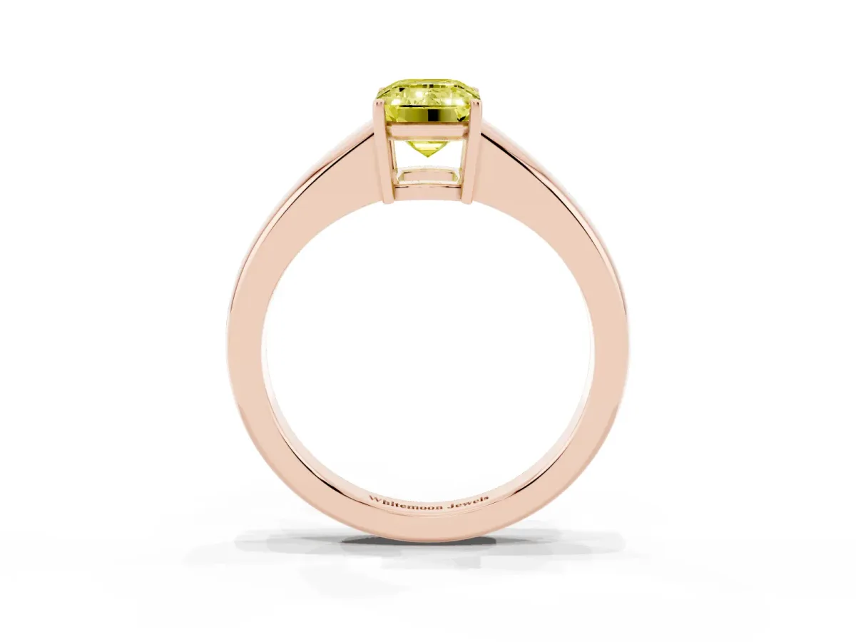 Fancy Yellow Emerald Cut Solitaire Diamond Ring with Tapered Band and Four-Prong Setting Rose gold