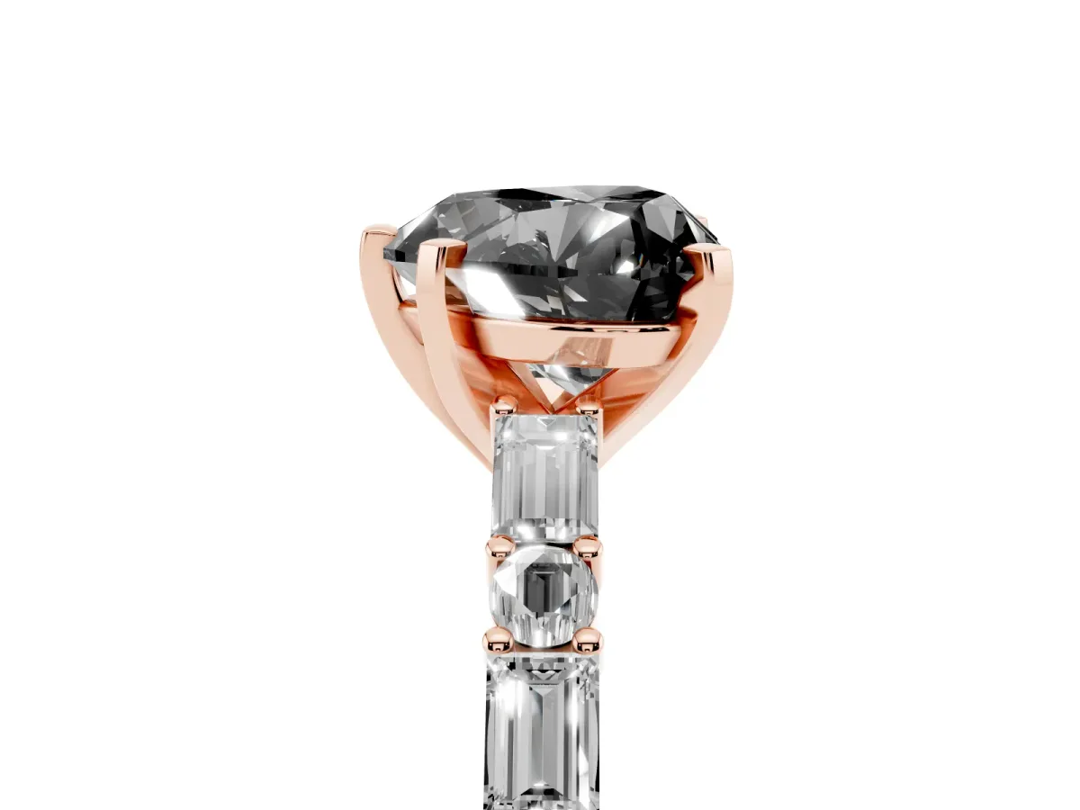 Fancy Black Heart Cut Diamond Solitaire with Side Baguettes and Channel Set Band Rose gold