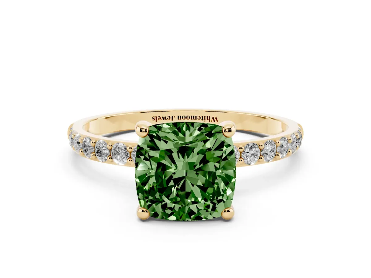 Fancy Green Cushion Cut Diamond Solitaire Ring with Round Pavé Band and Prong Setting Yellow gold