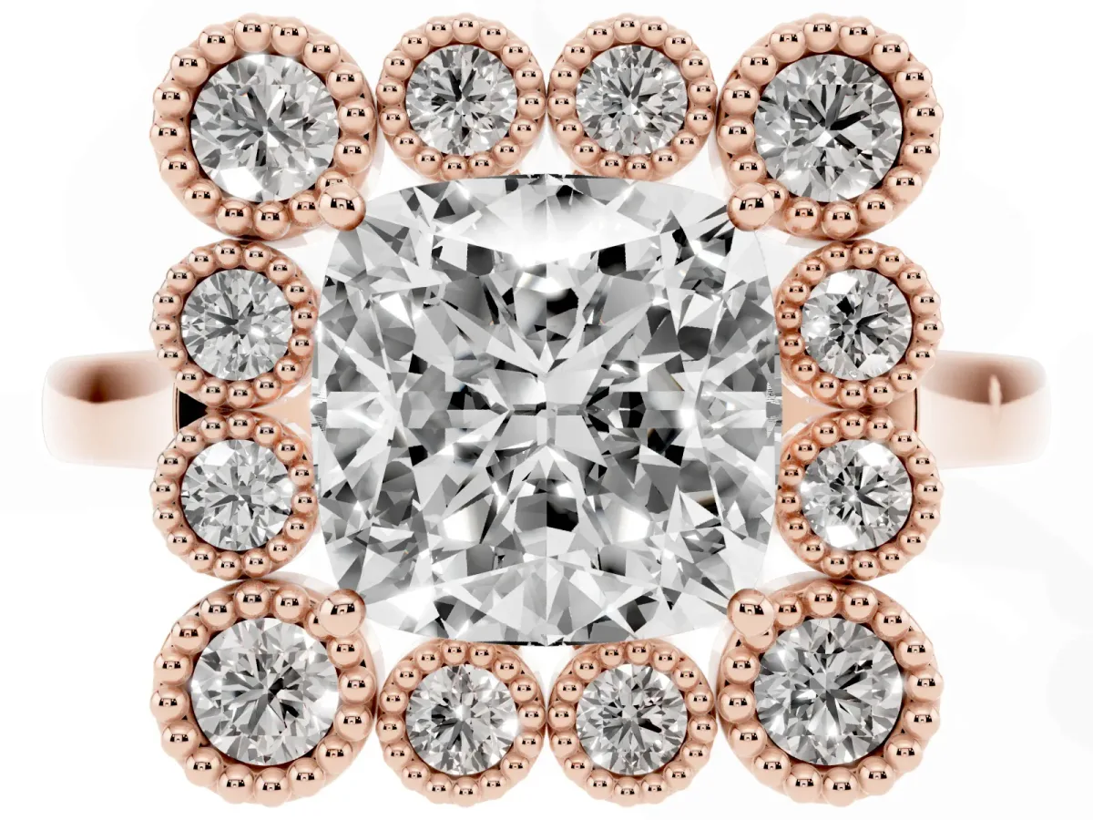 Cushion Cut Halo Diamond Cluster Engagement Ring with Milgrain Bezel Setting and Solitaire Band Rose gold