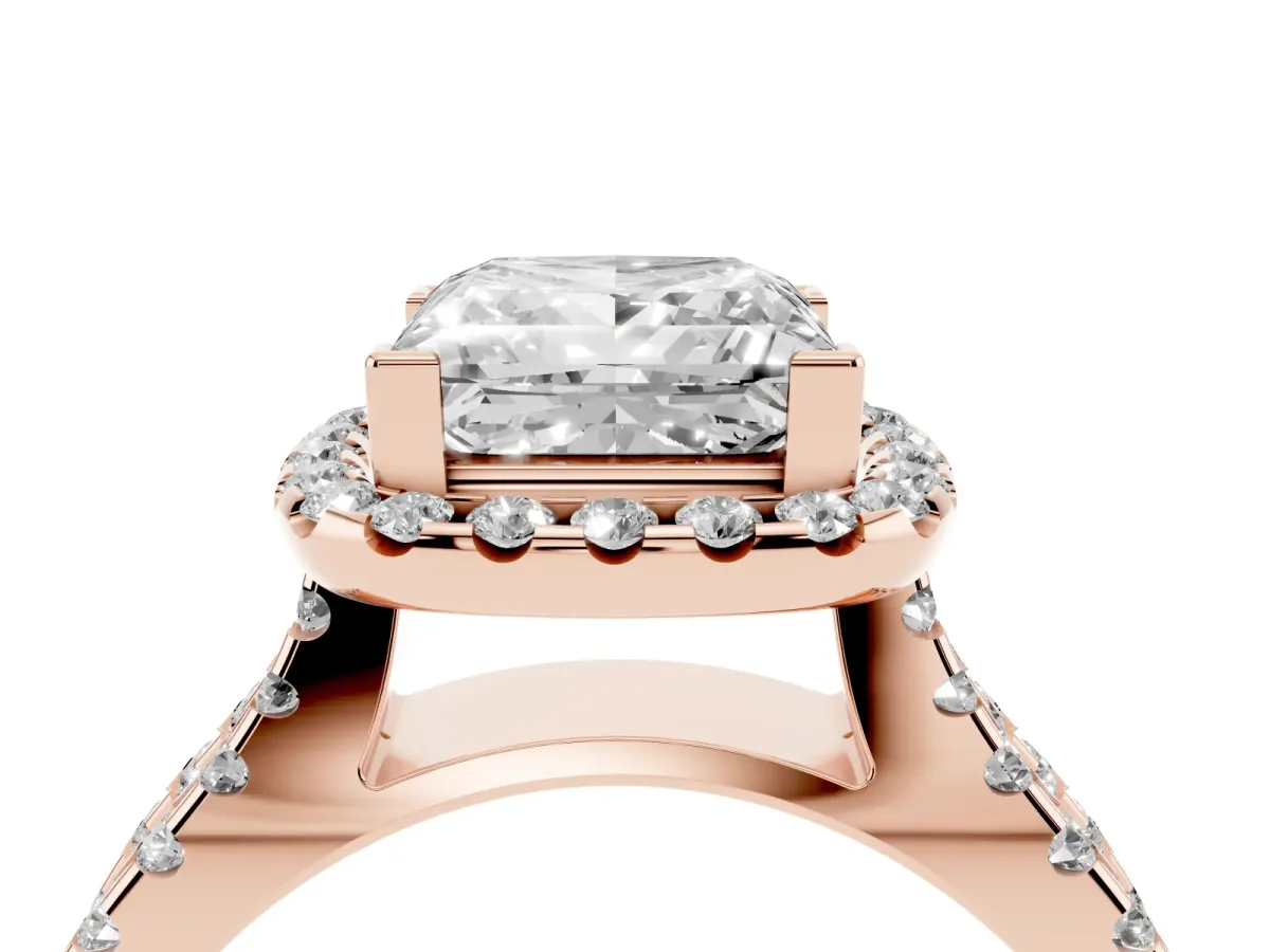 Princess Cut Diamond Halo Ring with Split Shank Pavé Band and Prong Setting Rose gold