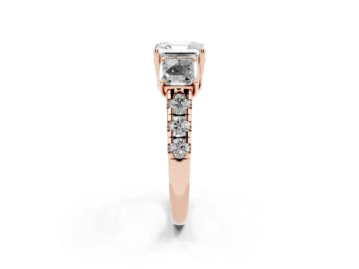 Three-Stone Asscher Cut Diamond Pavé Band with Prong Setting Rose gold