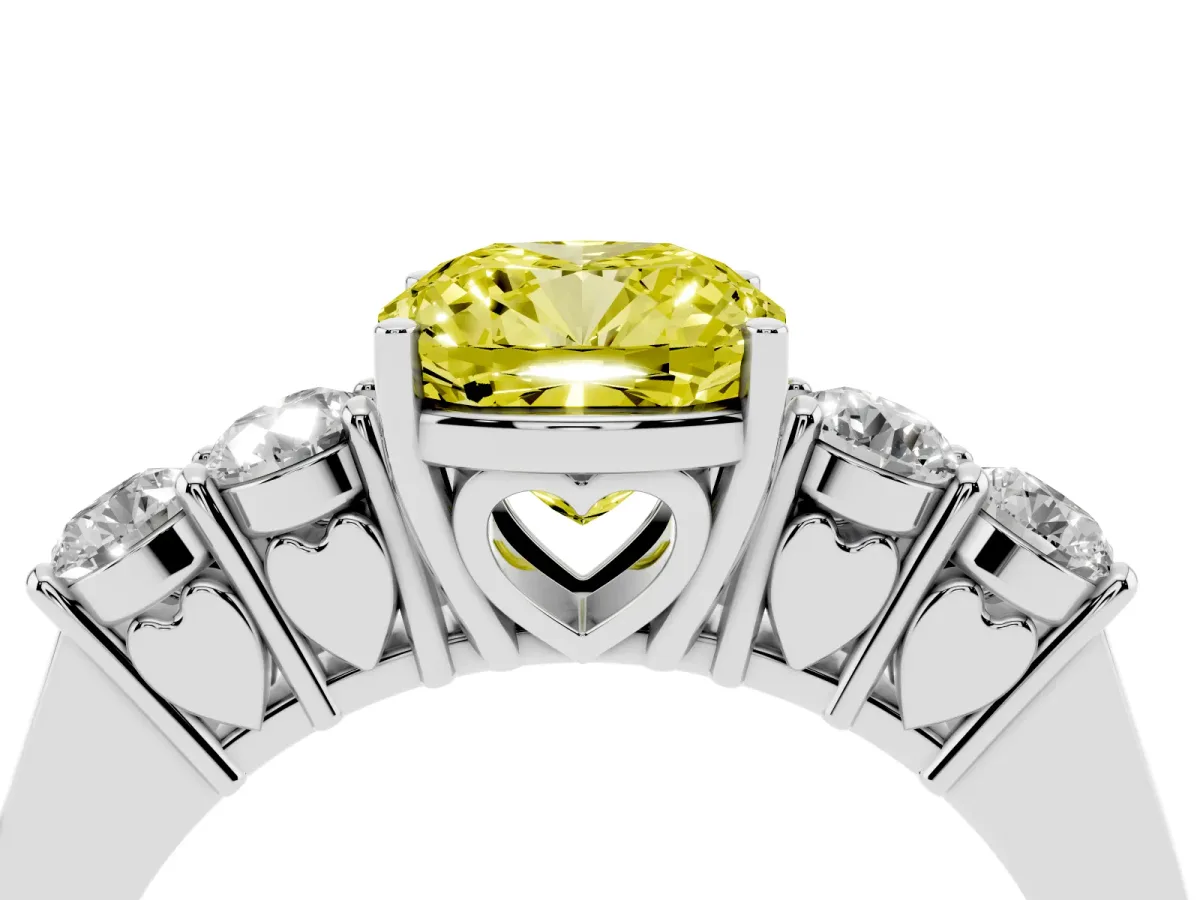 Fancy Yellow Cushion Cut Cut Diamond Five-Stone Prong Set White Gold Ring Silver