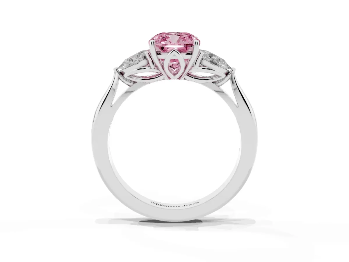 Fancy Pink Three-Stone Cushion Cut Brilliant Diamond Solitaire Ring with Tapered Band and Four-Prong Setting White gold