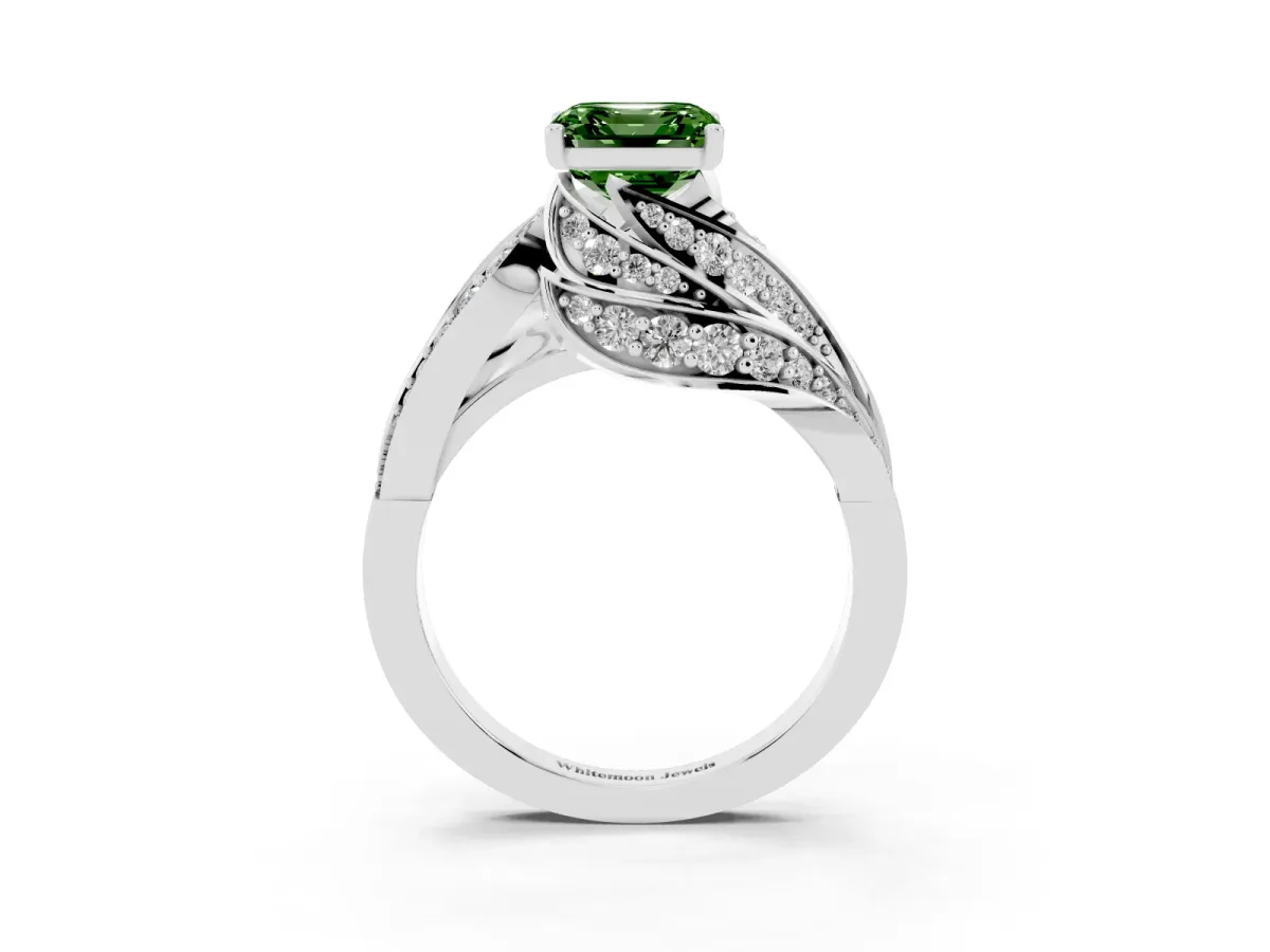 Fancy Green Asscher Cut Diamond Solitaire Ring with Prong Setting and Twisted Pavé Band Silver