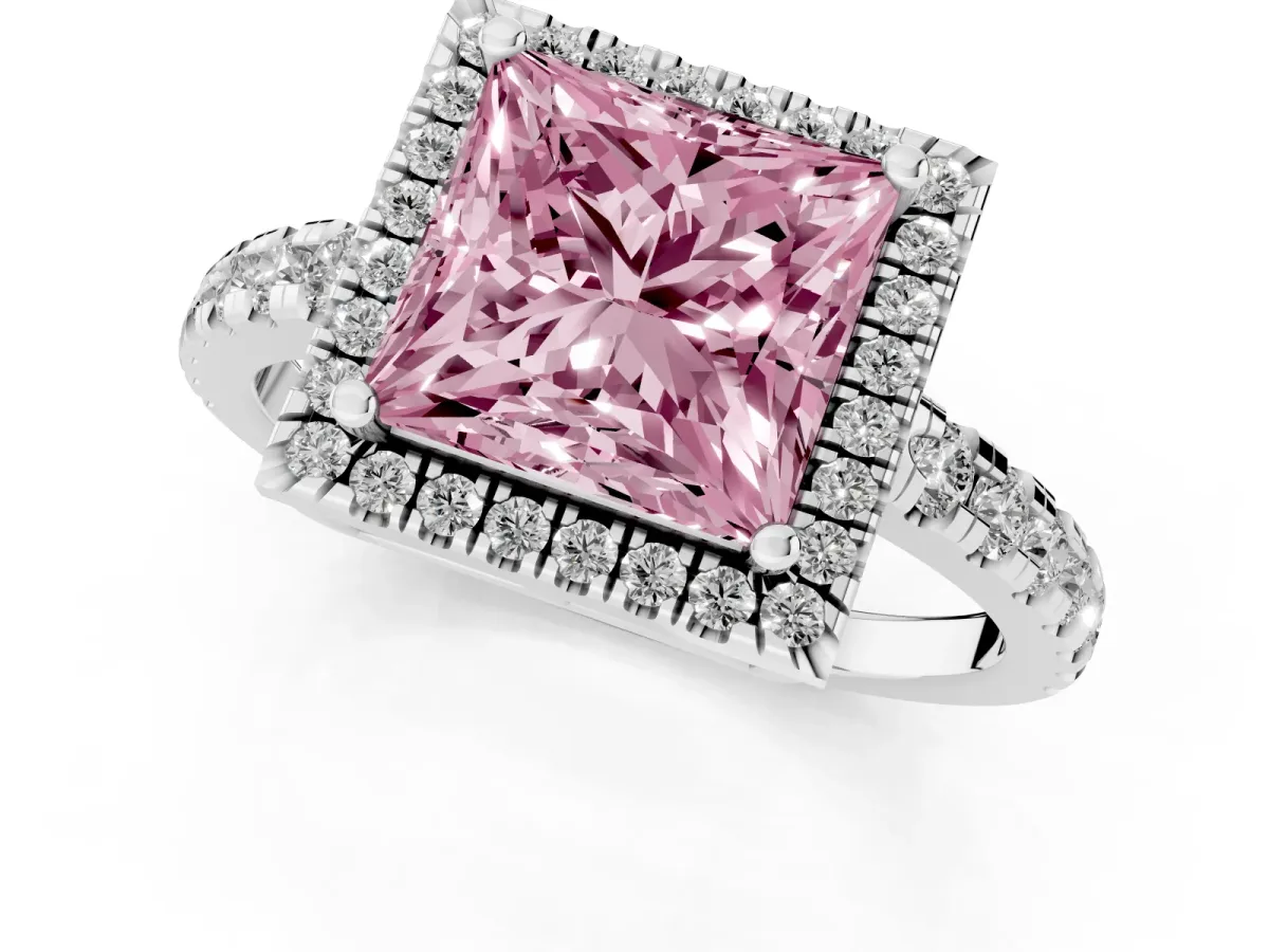 Fancy Pink Princess Cut Diamond Halo Ring with Pavé Band and Four-Prong Setting Platinum
