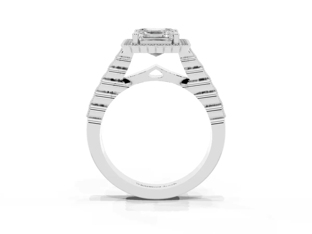 Asscher Cut Cut Halo Pavé Solitaire Ring with Milgrain Band Silver