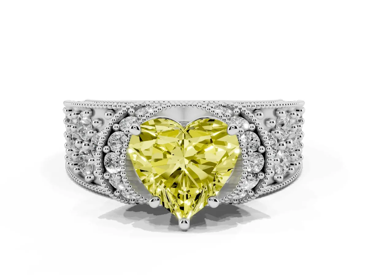 Fancy Yellow Heart Cut Halo Pave Diamond Engagement Ring with Milgrain Detailing White gold
